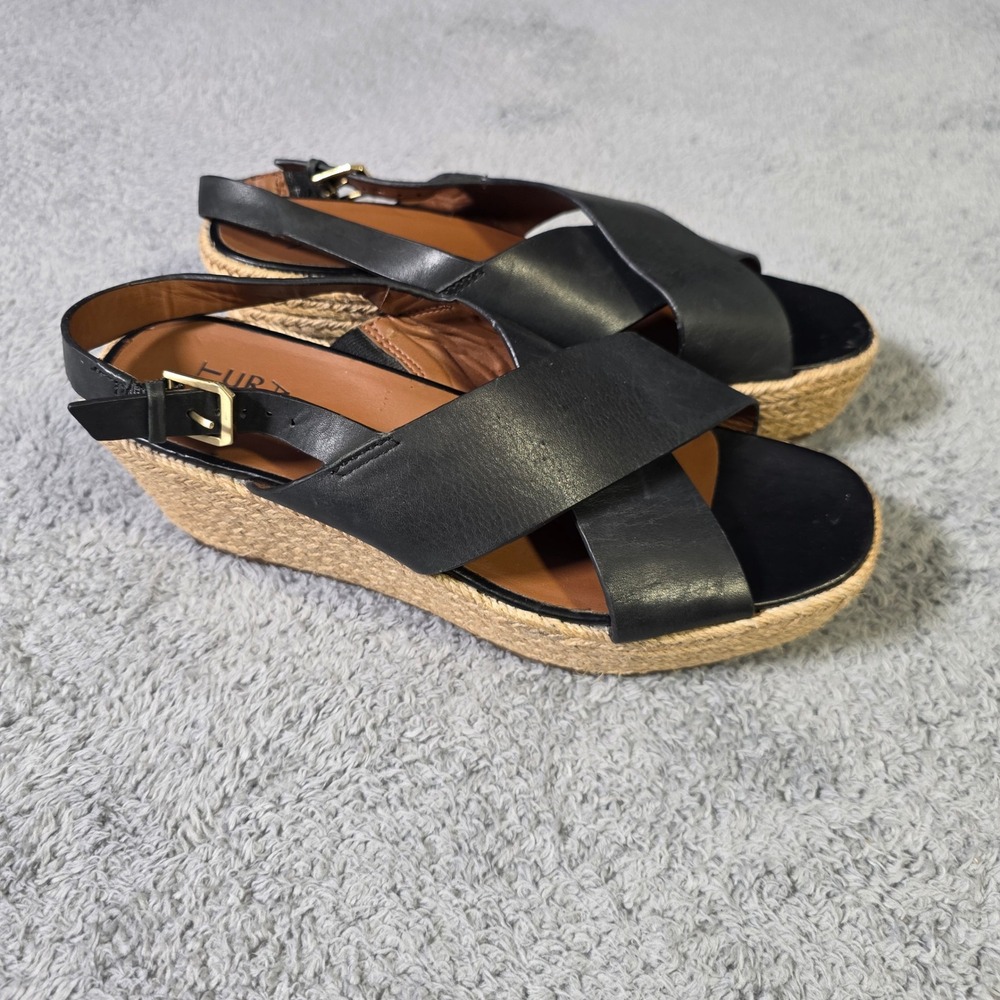 Naturalizer Womens 9.5M Oak Espadrille Wedge Sandal Black Leather Platform Buckl